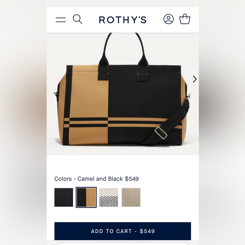 Rothy’s Weekender Bag in camel and black. NWT!